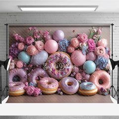 Lofaris Donut Wall Wedding Photography Backdrop Colorful Donuts with Peonies and Balloons Sweet Celebration Photo Prop