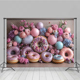 Lofaris Donut Wall Wedding Photography Backdrop Colorful Donuts with Peonies and Balloons Sweet Celebration Photo Prop