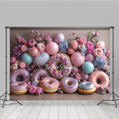 Lofaris Donut Wall Wedding Photography Backdrop Colorful Donuts with Peonies and Balloons Sweet Celebration Photo Prop