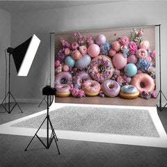 Lofaris Donut Wall Wedding Photography Backdrop Colorful Donuts with Peonies and Balloons Sweet Celebration Photo Prop