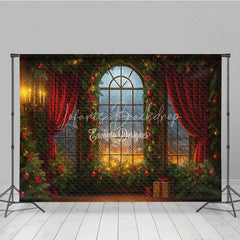 Lofaris Dramatic Christmas Window Photography Backdrop Fiery Sunset with Red Curtains Cozy Holiday Mini Session Background