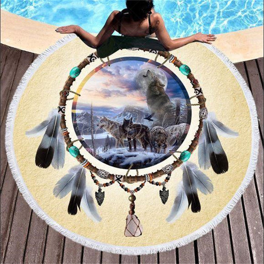 Lofaris Dreamcatcher Wolf Mountaion Vibe Round Beach Towel