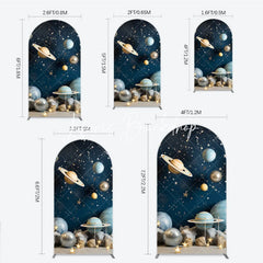 Lofaris Dreamy Blue Gold Silver Planets and Stars Space Round Top Arch Backdrop Celestial Galaxy Universe Theme Party Decor