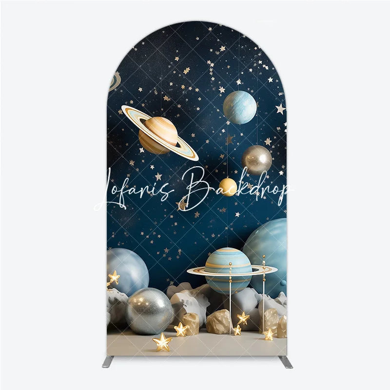 Lofaris Dreamy Blue Gold Silver Planets and Stars Space Round Top Arch Backdrop Celestial Galaxy Universe Theme Party Decor