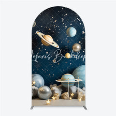 Lofaris Dreamy Blue Gold Silver Planets and Stars Space Round Top Arch Backdrop Celestial Galaxy Universe Theme Party Decor
