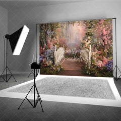 Lofaris Dreamy Enchanted Forest Photography Backdrop with Wooden Bridge Pink and Blue Floral Garden for Fairy Tale Portraits
