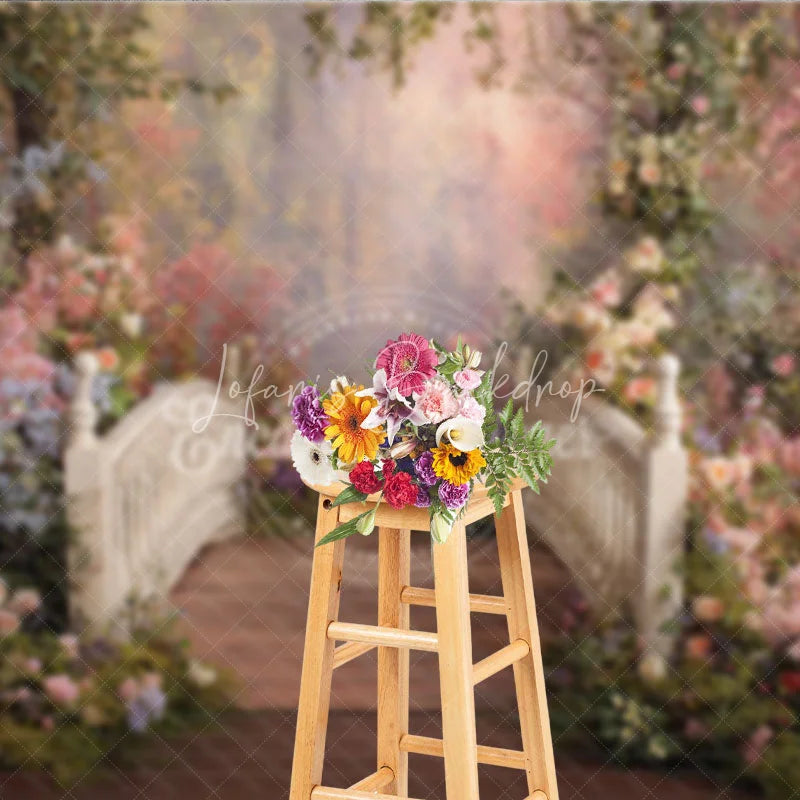 Lofaris Dreamy Enchanted Forest Photography Backdrop with Wooden Bridge Pink and Blue Floral Garden for Fairy Tale Portraits