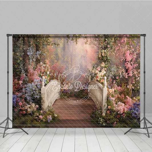 Lofaris Dreamy Enchanted Forest Photography Backdrop with Wooden Bridge Pink and Blue Floral Garden for Fairy Tale Portraits