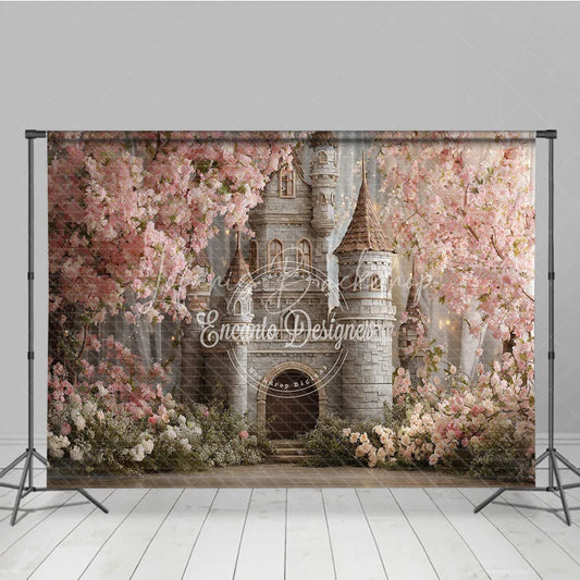 Lofaris Dreamy Fairytale Castle Photography Backdrop with Pink Cherry Blossoms Spring Garden Princess Birthday Party Decor