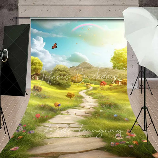 Lofaris Dreamy Fairytale Natural Scenery Backdrop Winding Path Green Field Rainbow Butterfly Photography Studio