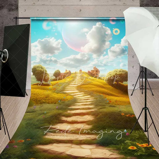 Lofaris Dreamy Fantasy Landscape Backdrop Winding Stone Path Yellow Flowers Magical Village Sky Photography