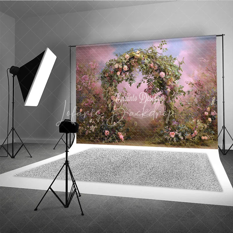 Lofaris Dreamy Floral Arch Photography Backdrop with Lush Greenery and Pink Blue Sky Romantic Garden Scene for Events