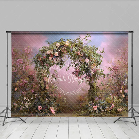 Lofaris Dreamy Floral Arch Photography Backdrop with Lush Greenery and Pink Blue Sky Romantic Garden Scene for Events