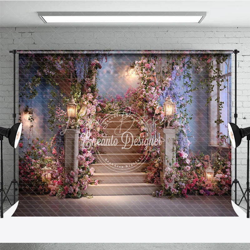 Lofaris Dreamy Floral Staircase Photography Backdrop with Glowing Lanterns Elegant Wedding and Engagement Party Decor