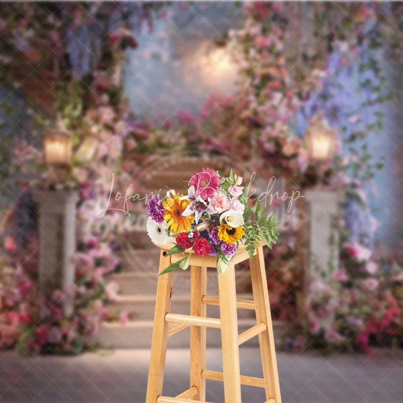 Lofaris Dreamy Floral Staircase Photography Backdrop with Glowing Lanterns Elegant Wedding and Engagement Party Decor