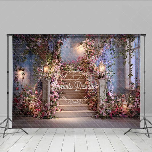 Lofaris Dreamy Floral Staircase Photography Backdrop with Glowing Lanterns Elegant Wedding and Engagement Party Decor