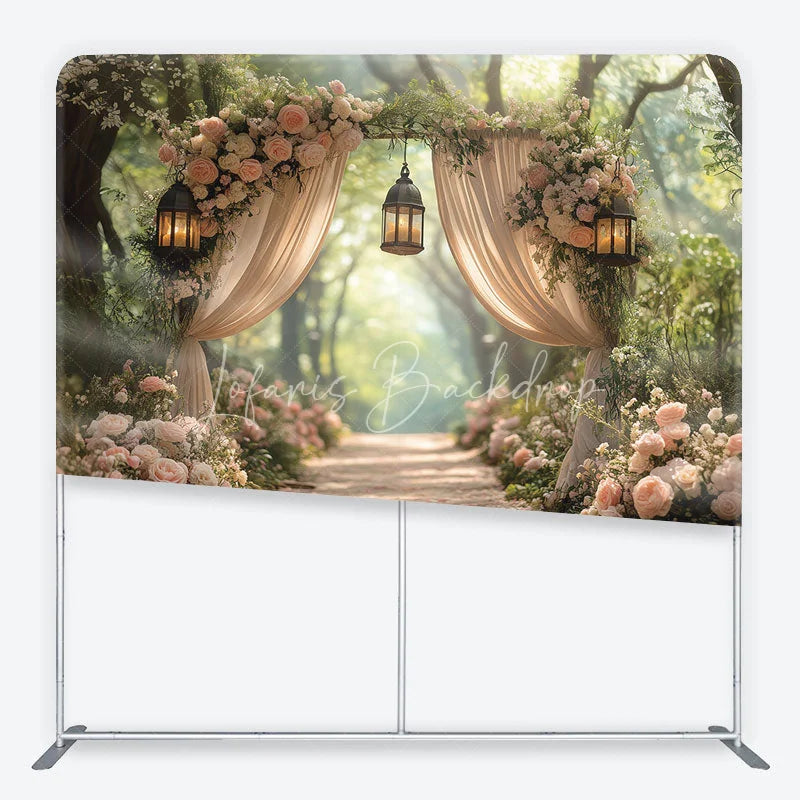 Lofaris Dreamy Forest Archway with Pink Roses and Lanterns Square Double-Sided Backdrop Elegant Wedding Decor