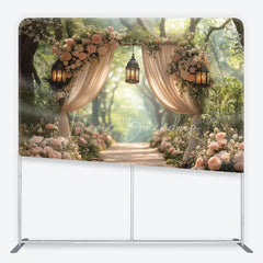 Lofaris Dreamy Forest Archway with Pink Roses and Lanterns Square Double-Sided Backdrop Elegant Wedding Decor