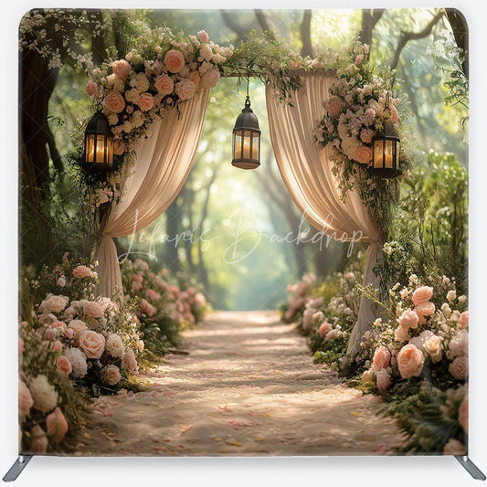 Lofaris Dreamy Forest Archway with Pink Roses and Lanterns Square Double-Sided Backdrop Elegant Wedding Decor