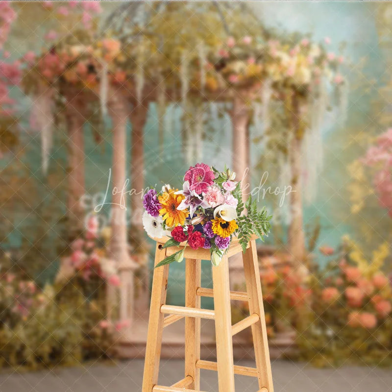 Lofaris Dreamy Garden Photography Backdrop with Elegant Stone Gazebo Pink Cherry Blossoms and Lush Pastel Flowers