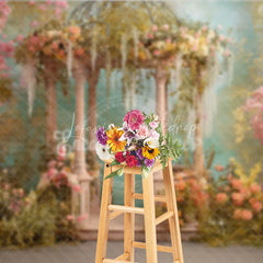 Lofaris Dreamy Garden Photography Backdrop with Elegant Stone Gazebo Pink Cherry Blossoms and Lush Pastel Flowers