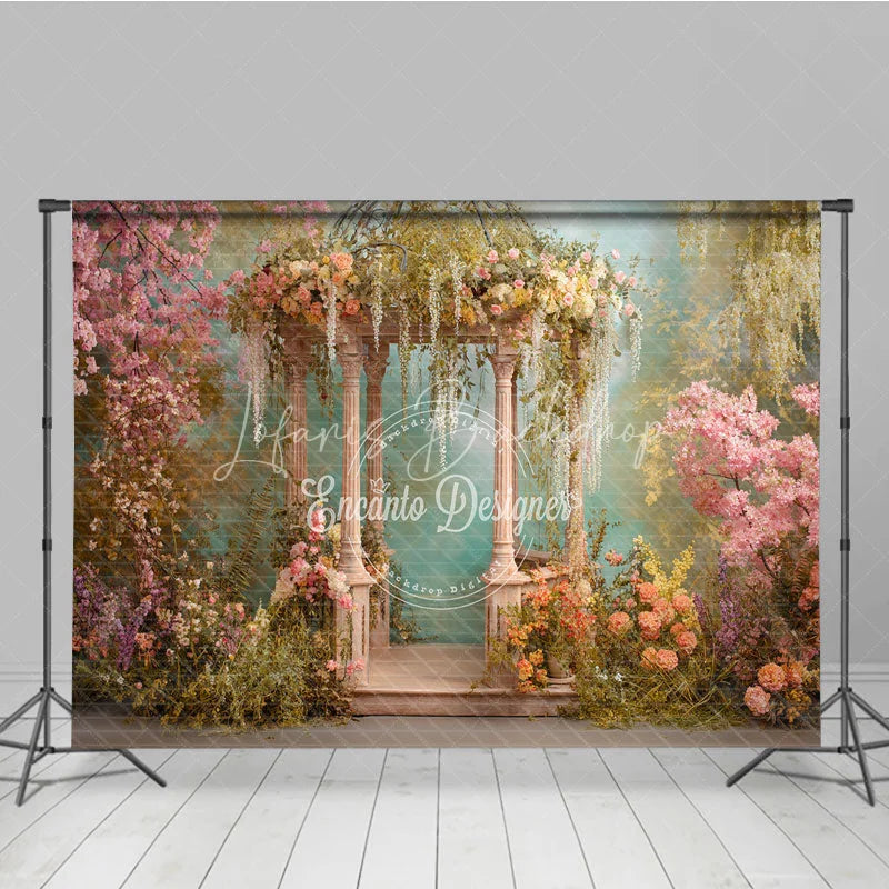 Lofaris Dreamy Garden Photography Backdrop with Elegant Stone Gazebo Pink Cherry Blossoms and Lush Pastel Flowers