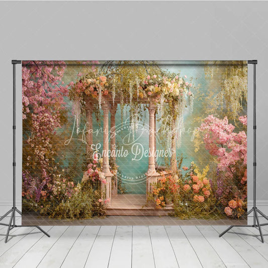 Lofaris Dreamy Garden Photography Backdrop with Elegant Stone Gazebo Pink Cherry Blossoms and Lush Pastel Flowers