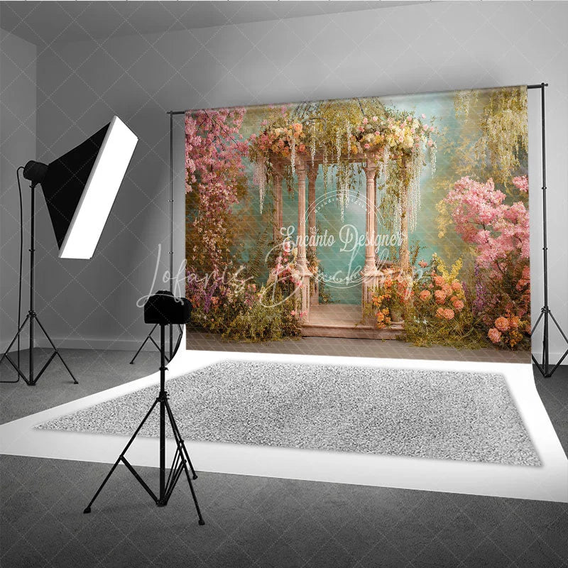 Lofaris Dreamy Garden Photography Backdrop with Elegant Stone Gazebo Pink Cherry Blossoms and Lush Pastel Flowers