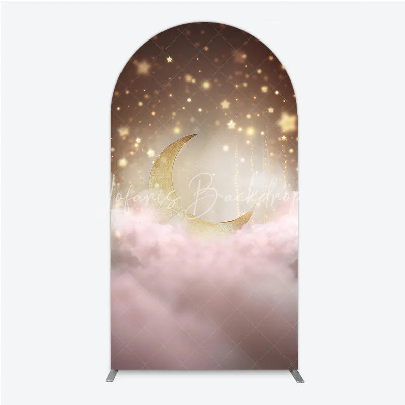 Lofaris Dreamy Golden Moon and Sparkling Stars Round Top Arch Backdrop Pink Clouds Baby Shower or Birthday Party Decor