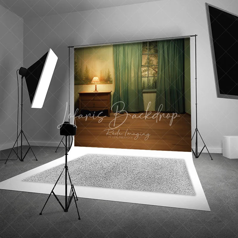 Lofaris Dreamy Indoor Photography Backdrop with Forest Mural Window and Green Curtains Wooden Nightstand Lamp
