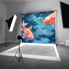 Lofaris Dreamy Koi Fish Photography Backdrop Two Goldfish Swimming in a Starry Night Sky Fine Art Japanese Style Prop