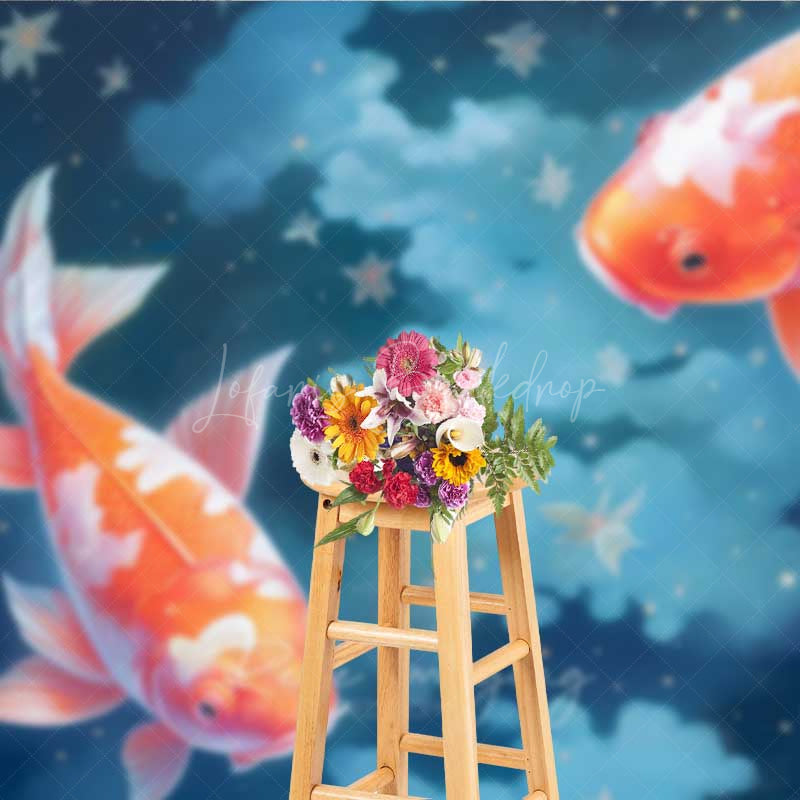 Lofaris Dreamy Koi Fish Photography Backdrop Two Goldfish Swimming in a Starry Night Sky Fine Art Japanese Style Prop