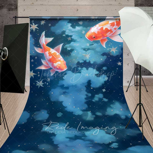 Lofaris Dreamy Koi Fish Sweep Photography Backdrop with Floor Goldfish in a Starry Night Sky Fine Art Japanese Style Prop