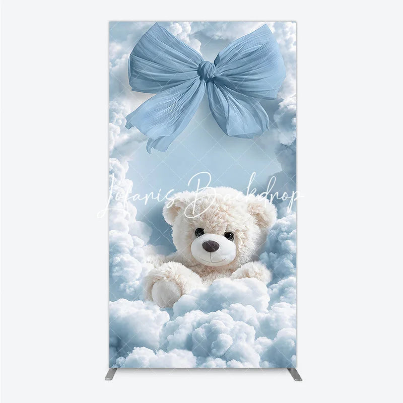 Lofaris Dreamy Light Blue Bow and White Teddy Bear in Clouds Rectangle Arch Backdrop for Baby Shower Birthday Party