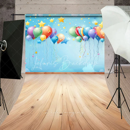 Lofaris Dreamy Light Blue Sky Sweep Backdrop with Colorful Balloons and Stars Whimsical Birthday Party Decor