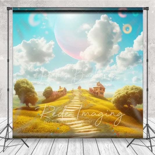 Lofaris Dreamy Natural Scenery Backdrop Fantasy Village Winding Path Celestial Sky Photography Background
