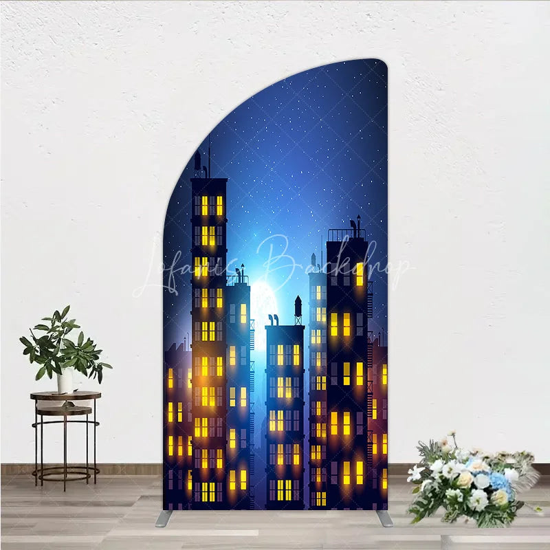 Lofaris Dreamy Night City Half Moon Arch Backdrop featuring Glowing Windows and a Starry Full