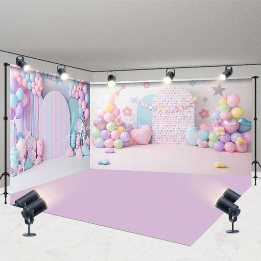 Lofaris Dreamy Pastel Candy Land Room Set Backdrop with Balloons Heart Pillows and Striped Arch for Baby Shower