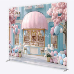 Lofaris Dreamy Pastel Pink and Blue Sweet Shop Square Double-Sided Backdrop Cherry Blossom Bakery Birthday Party Decor