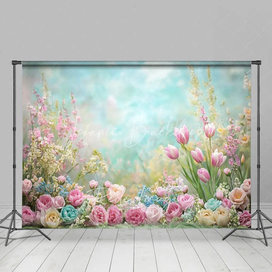 Lofaris Dreamy Pastel Spring Floral Backdrop Pink Tulip Rose Garden Studio Portrait Photography Background