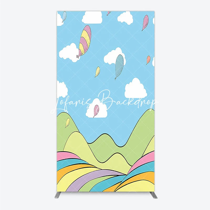 Lofaris Dreamy Pastel Whimsical Cartoon Landscape Rectangle Arch Backdrop Hills and Floating Balloons for Birthday Party