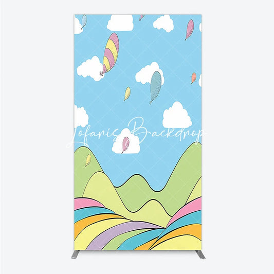 Lofaris Dreamy Pastel Whimsical Cartoon Landscape Rectangle Arch Backdrop Hills and Floating Balloons for Birthday Party