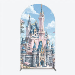 Lofaris Dreamy Pink and Blue Fairytale Castle Round Top Arch Backdrop Enchanted Princess Birthday Party Decor