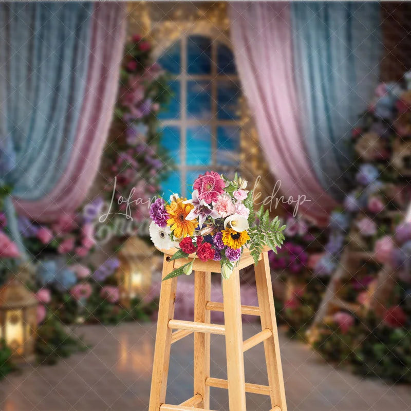 Lofaris Dreamy Pink and Blue Floral Window Photography Backdrop Enchanted Princess Garden for Baby Shower Birthday