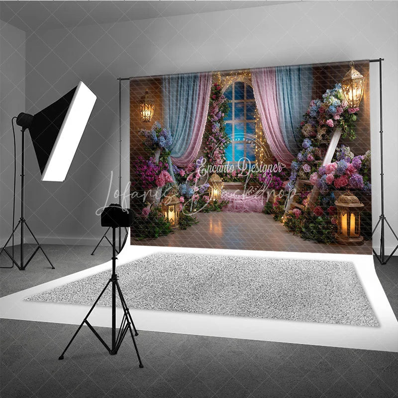 Lofaris Dreamy Pink and Blue Floral Window Photography Backdrop Enchanted Princess Garden for Baby Shower Birthday