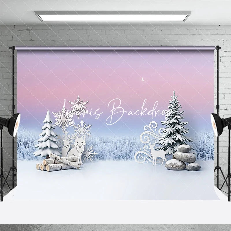 Lofaris Dreamy Pink and Blue Winter Photography Backdrop with Snowflakes Fox Deer Pine Trees