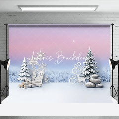 Lofaris Dreamy Pink and Blue Winter Photography Backdrop with Snowflakes Fox Deer Pine Trees