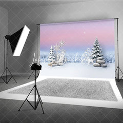 Lofaris Dreamy Pink and Blue Winter Photography Backdrop with Snowflakes Fox Deer Pine Trees