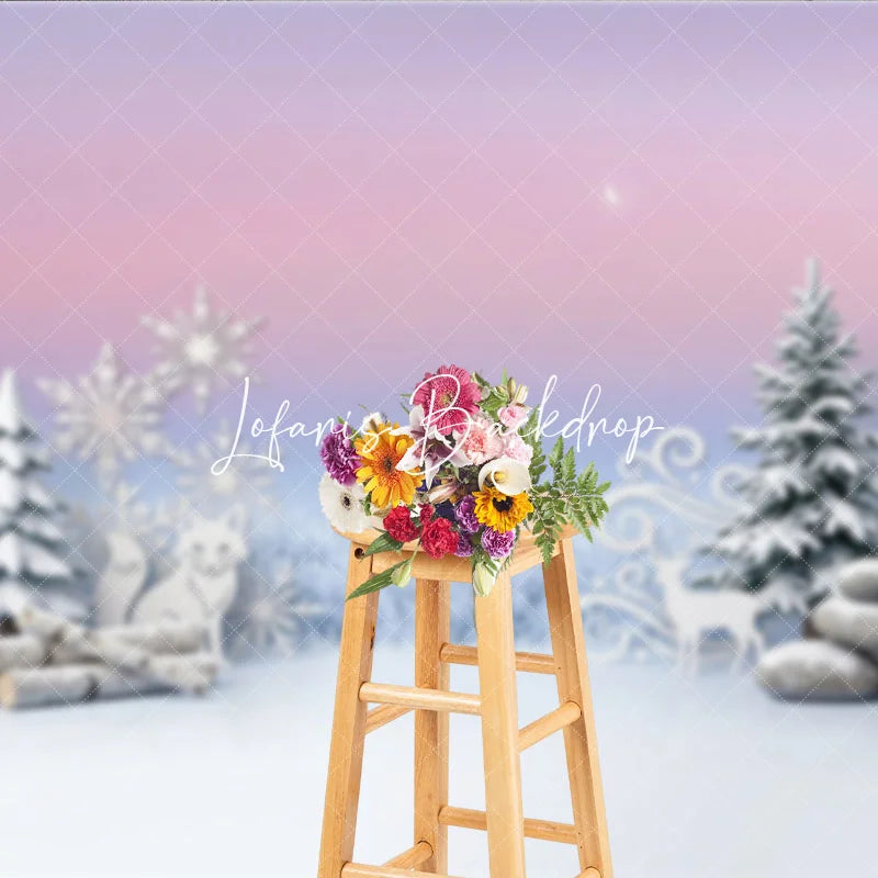 Lofaris Dreamy Pink and Blue Winter Photography Backdrop with Snowflakes Fox Deer Pine Trees