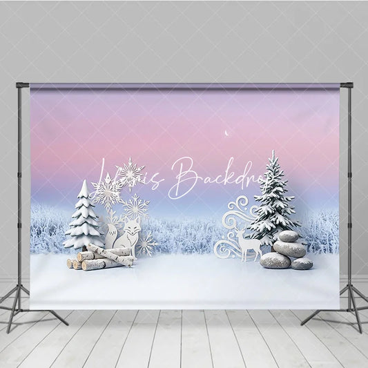 Lofaris Dreamy Pink and Blue Winter Photography Backdrop with Snowflakes Fox Deer Pine Trees